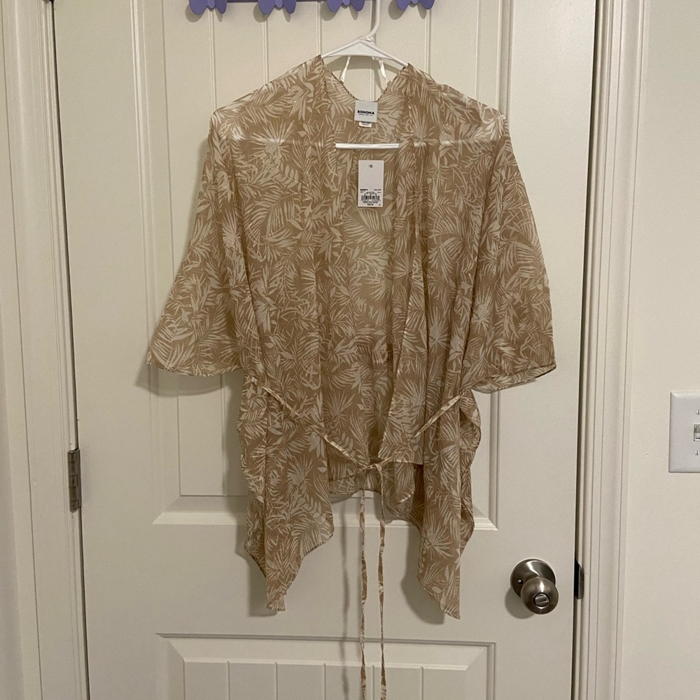 NEW Sonoma women’s sheer tan cream leaf print‎ open tie cardigan shawl one size